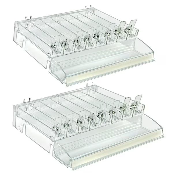 Clear 8 Compartment Divider Bin Cosmetic Tray with Tester Tray on Front and with Pushers, 2-Pack, Azar Displays, Mfr#: 225840-TESTER-8COMP-2PK